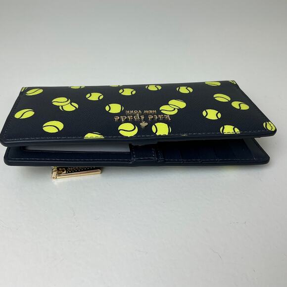 Kate Spade Women's Wallet Blue and Yellow Tennis Toss Large Slim Bifold - Picture 3 of 10